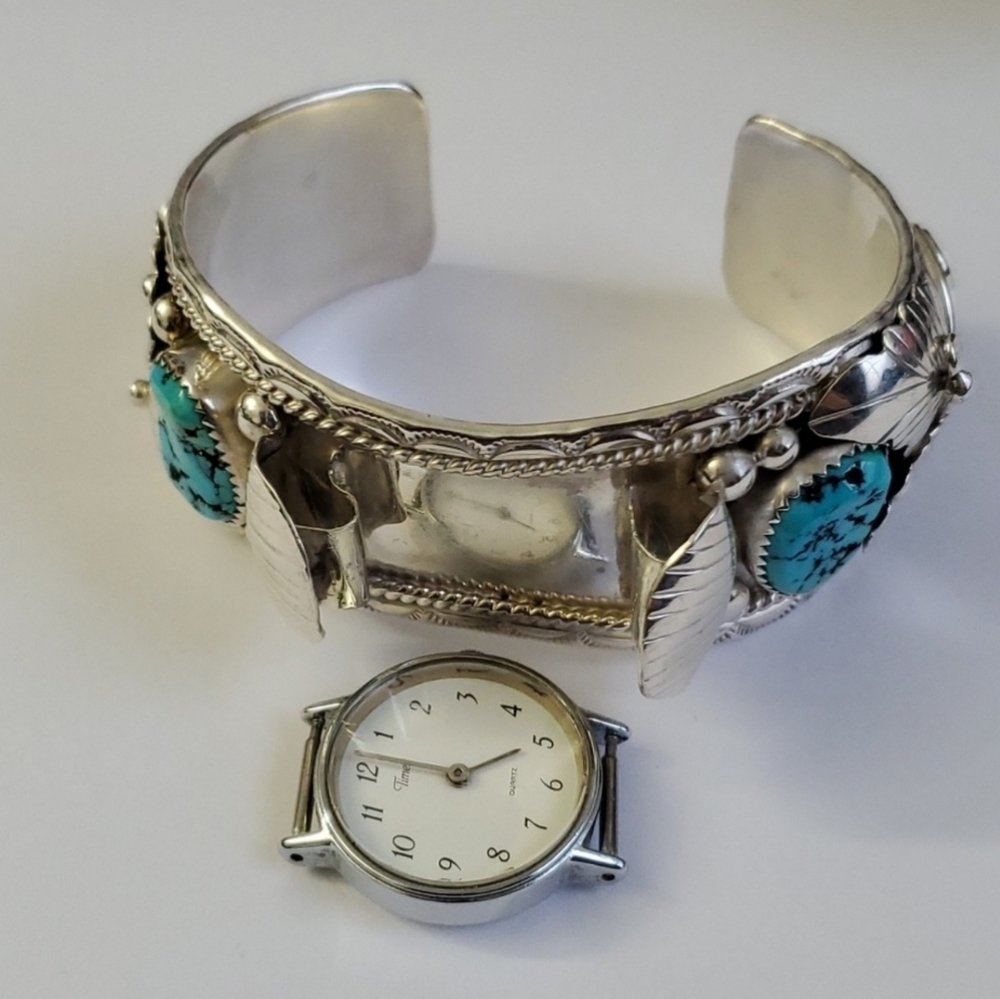Signed Sterling Silver 925 Turquoise Coral Bracelet / Watch Holder
